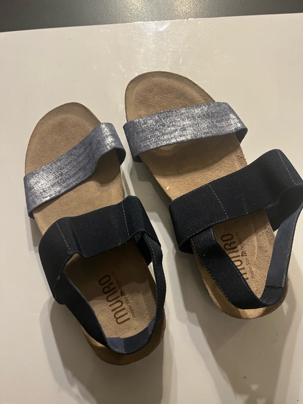Munro Women  Metallic Silver & Navy Strap Sandals Size 8.5W